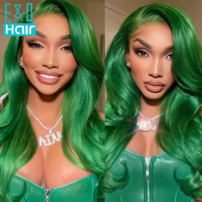 Wig rambut manusia depan renda transparan 13x4 gelombang tubuh alami berwarna hijau cerah Wig Frontal Remy Brasil untuk wanita warna hitam