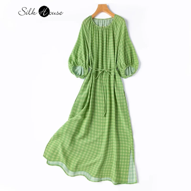 

2025 Women's Casual Summer New Green Grid 100% Natural Mulberry Silk Crepe De Chine Lantern Three-quarters Sleeve Split Dress