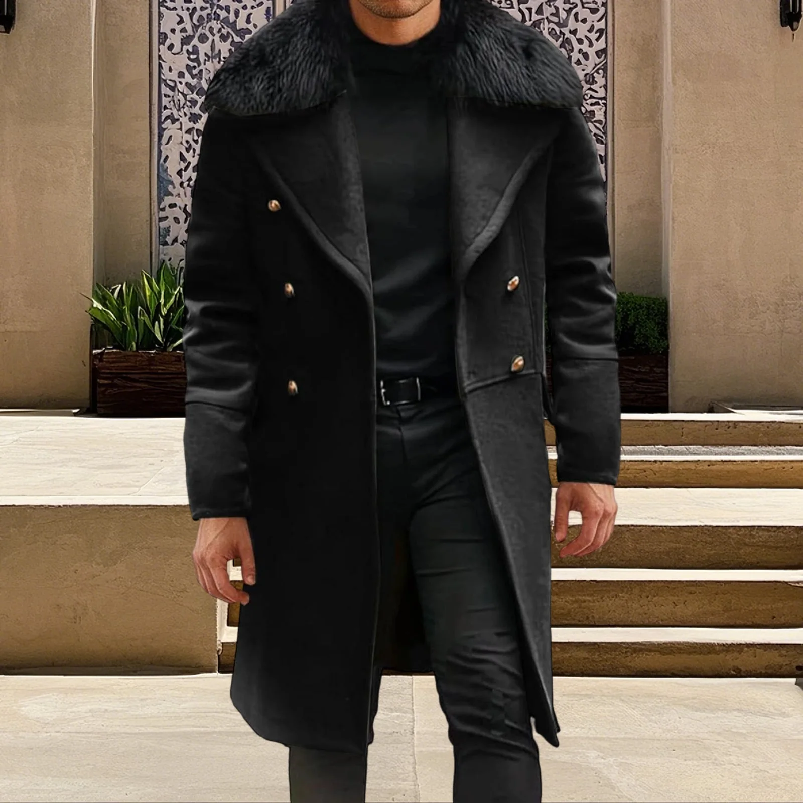 Trench doppiopetto da uomo invernale Collo di pelliccia di media lunghezza maschile Risvolto Scollo a V Manica lunga Cappotti invernali in misto lana calda
