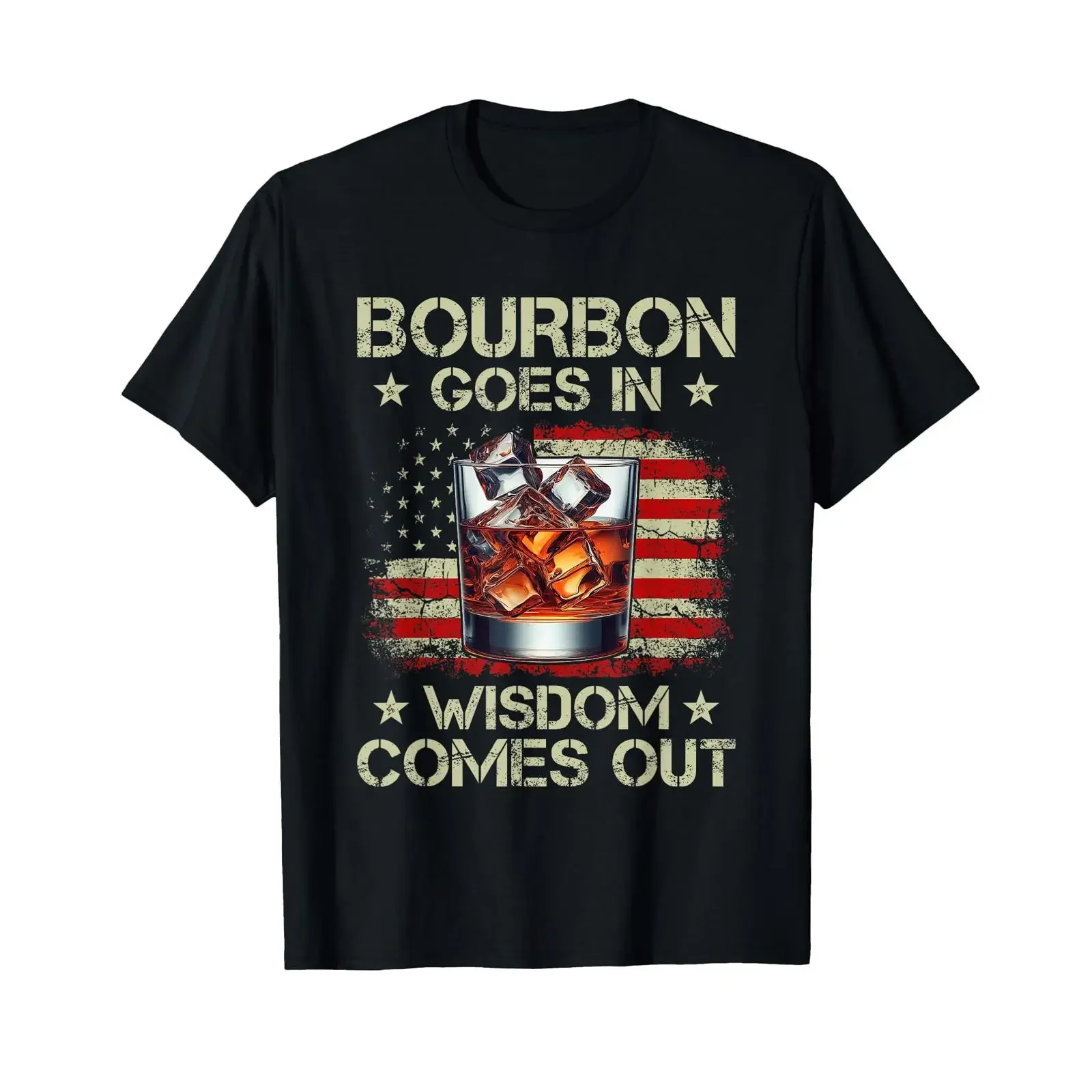 Bourbon geht hinein, Weisheit kommt heraus – T-Shirt mit USA-Flagge, Vintage-Look, gewaschene Streetwear-Optik, Grafikdesign, Freizeitkleidung.