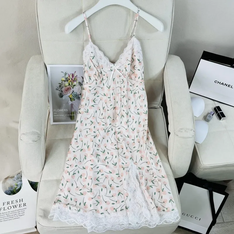 Suspender Nightgown Dress Women Chemise Sleepwear Nightdress Print Flower Nightwear Dressing Gown Satin Home Wear Loungewear