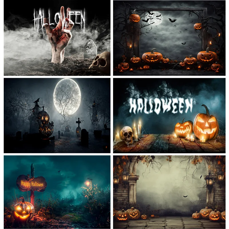 

Halloween Backdrop Full Moon Scary House Night Castle Graveyard Forest Bats Pumpkin Lantern Spooky Photography Background SJ-4