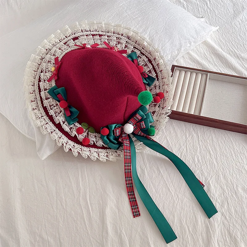 Sombrero de bruja de Navidad Original japonés Lolita, lazo de encaje, sombrero de cuento de hadas para mujer, accesorios de disfraces de fiesta, tocado con lazo