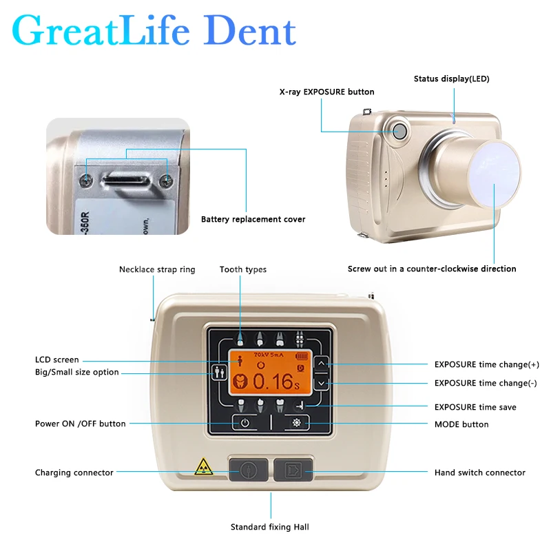 GreatLife 덴트 치과 진료소 골드 휴대용 치과 X 레이 카메라, 치과 X 레이 카메라 센서 이미지