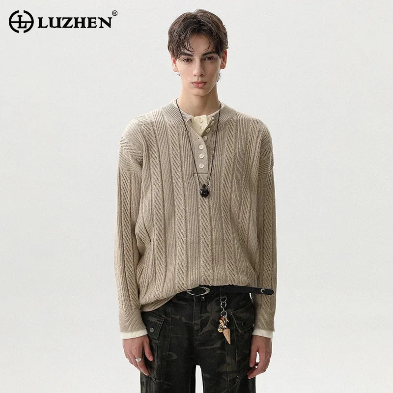 

LUZHEN Fashion Elegant Solid Color Wave Embossed Long Sleeve Knitted Pullover Men 2025 Autumn Winter Casual Male Sweater JY4077
