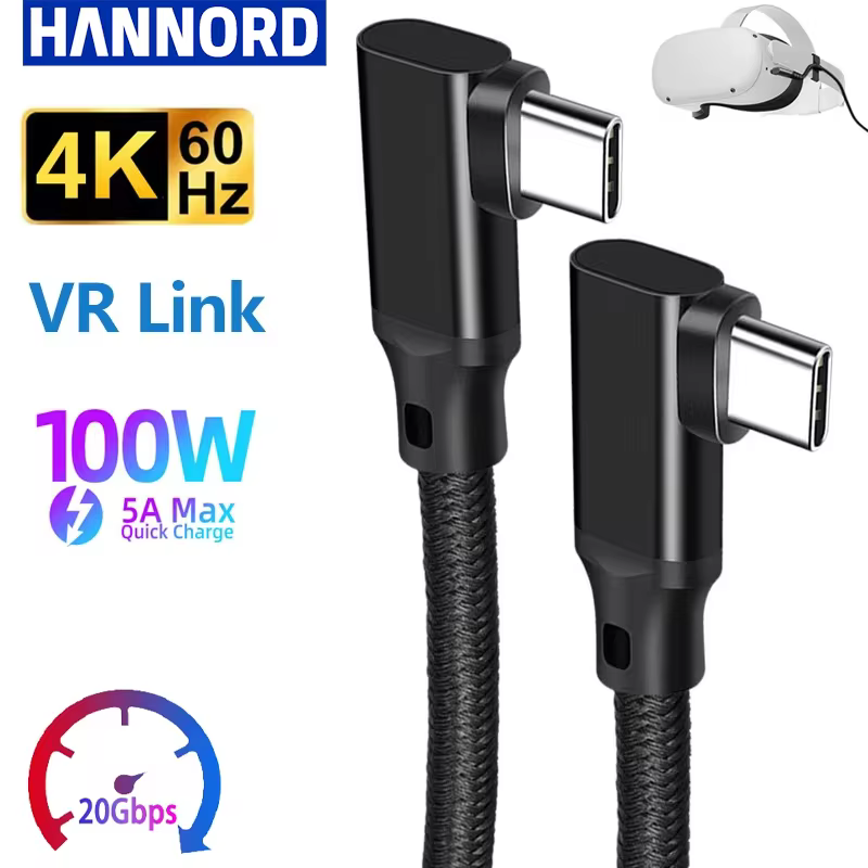 Hannord USB 3.2 Gen2 20 Gbit/s VR Typ C Daten VR Link Kabel USB C 4K 60 Hz Video 90 Grad 100 W PD Schnellladung für Quest 1/2