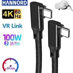 Hannord-Cabo de Dados USB Tipo C, Gen2, 20Gbps, Link VR, 4K, Vídeo 60Hz, 90 Graus, 100W, PD, Carregamento Rápido para Quest 1/2, Link VR