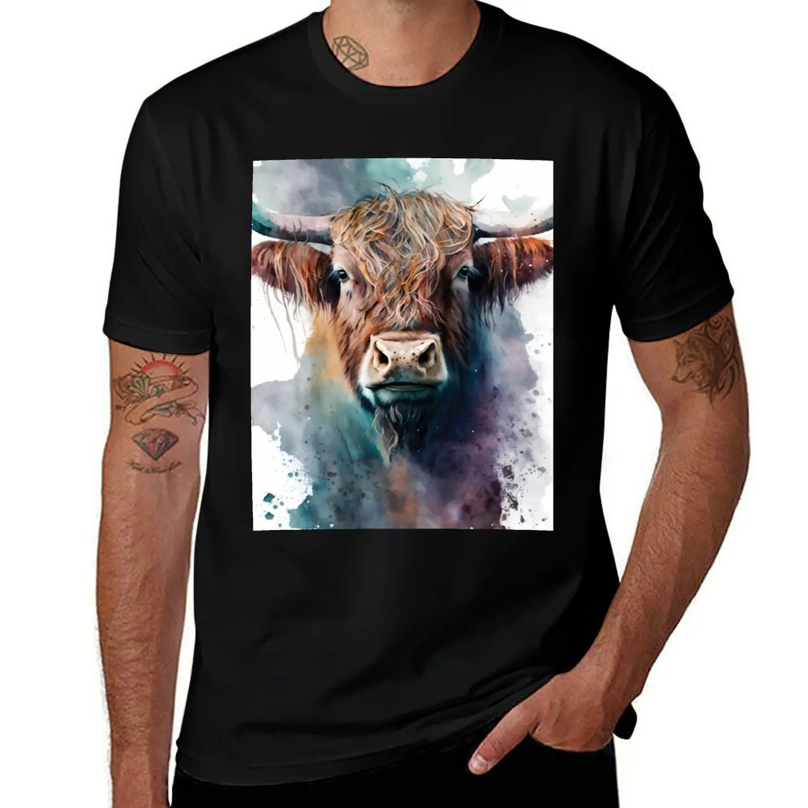 Highland cow watercolour digital design T-Shirt customs designer shirts Men's t-shirt