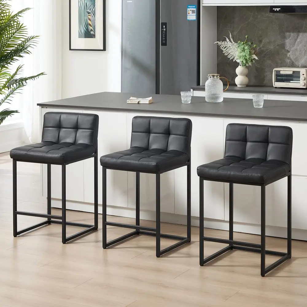 

Height Bar Stools Set of 3, 24 Faux Leather Modern Barstools with Low Back and Metal Legs Footrest, Upholstered Bar Chairs for