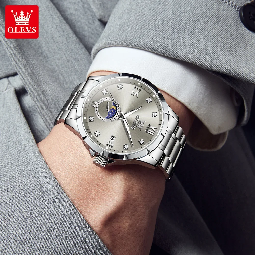 OLEVS 2956 ساعة كوارتز رجالية فاخرة ماركة موضة أصلية كبيرة الطلب تاريخ تلقائي مقاوم للماء مرحلة القمر ساعات للرجل #3