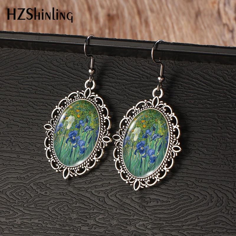 2024 New The Starry Night Painting Vintage Dangle Earring Fish Hook Earrings Oval Glass Dome Jewelry Gift Girls