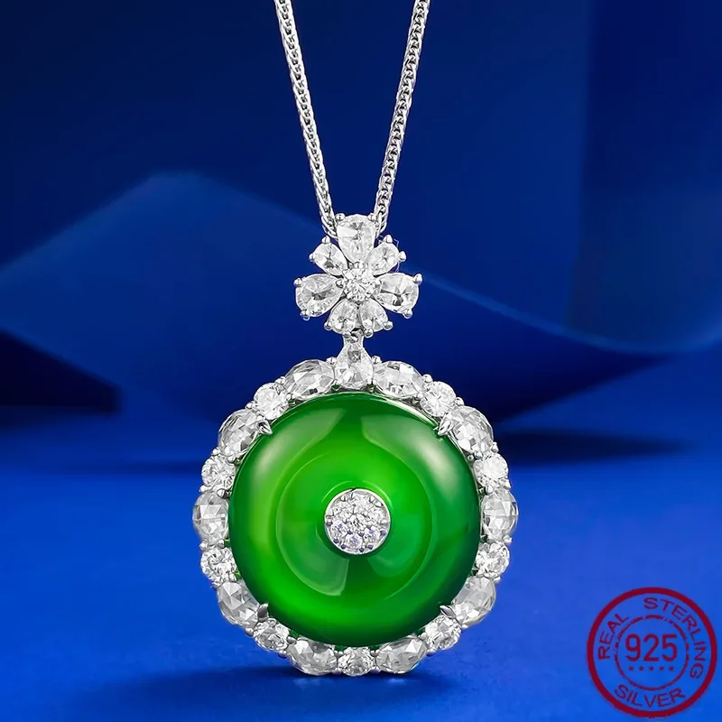 

New S925 Silver Inlaid Jadeite Emperor Green Safety Buckle Pendant Green Chalcedony Necklace Adjustable Wedding Jewelry