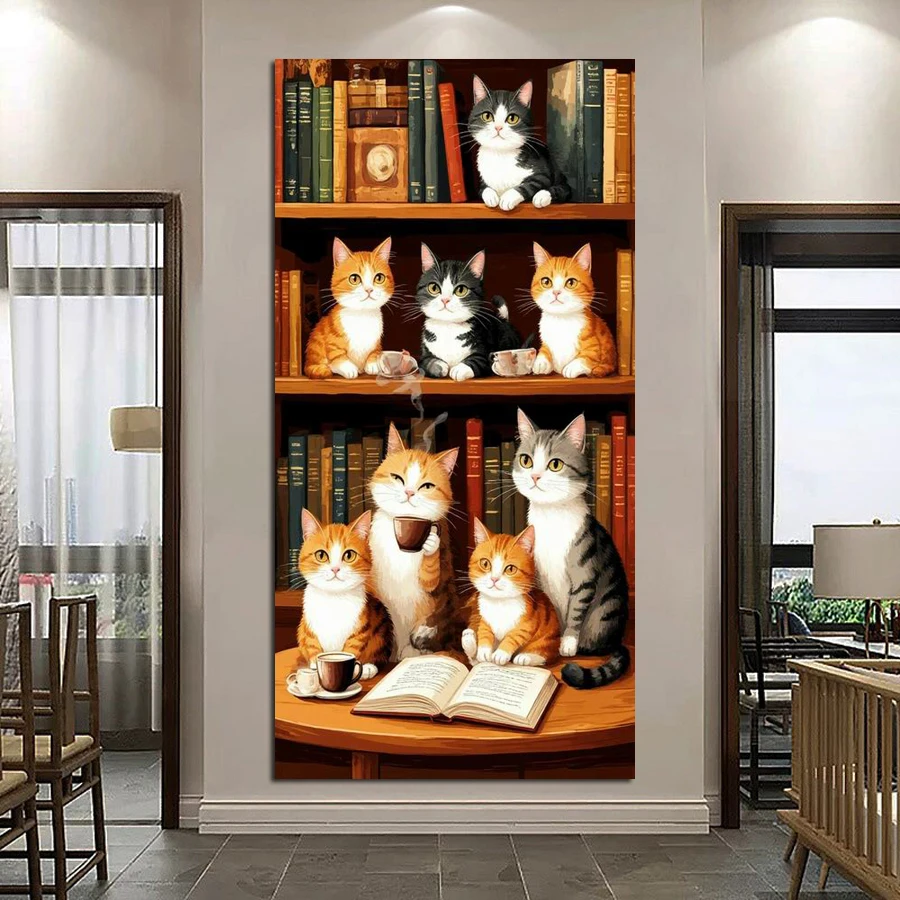 

Diy Diamond Painting New Arrivals Cat Bookshelf Full Square Round Drill Large Size Animal Mosaic Embroidery Picture Home Decor