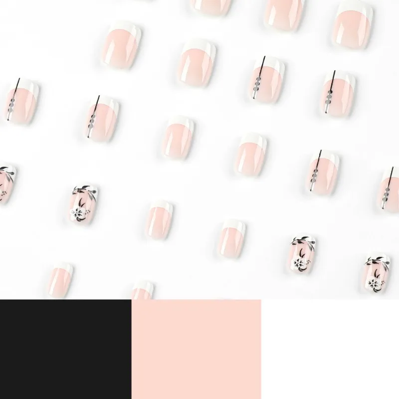 24 Pcs 광장 프랑스어 중간 짧은 가짜 손톱 접착제 거짓 손톱 꽃 보철 손톱 세트 여성을위한 손톱에 휴일 프레스