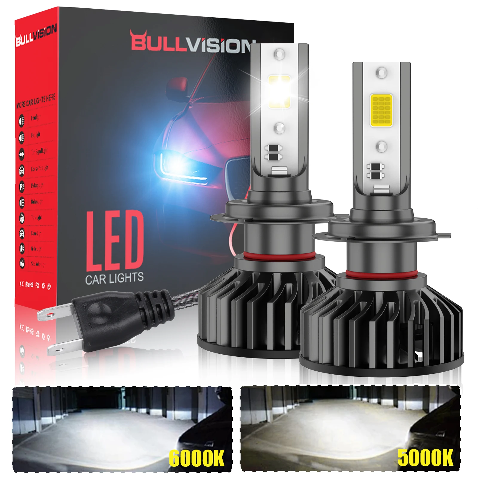Bullvision H4 LED H7 H11 CANBUS Headlight Bulbs H8 9005 HB3 9006 HB4 5000k/6000k COB Lamp Car Lights 50000LM 500W 12V Turbo Fan