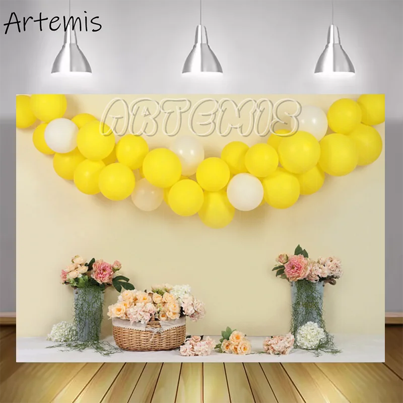 Baby's Birthday Cake Smash Photography Backdrop Sunflower Yellow Balloons Basket Of Flowers Portrait Background Photo Studio