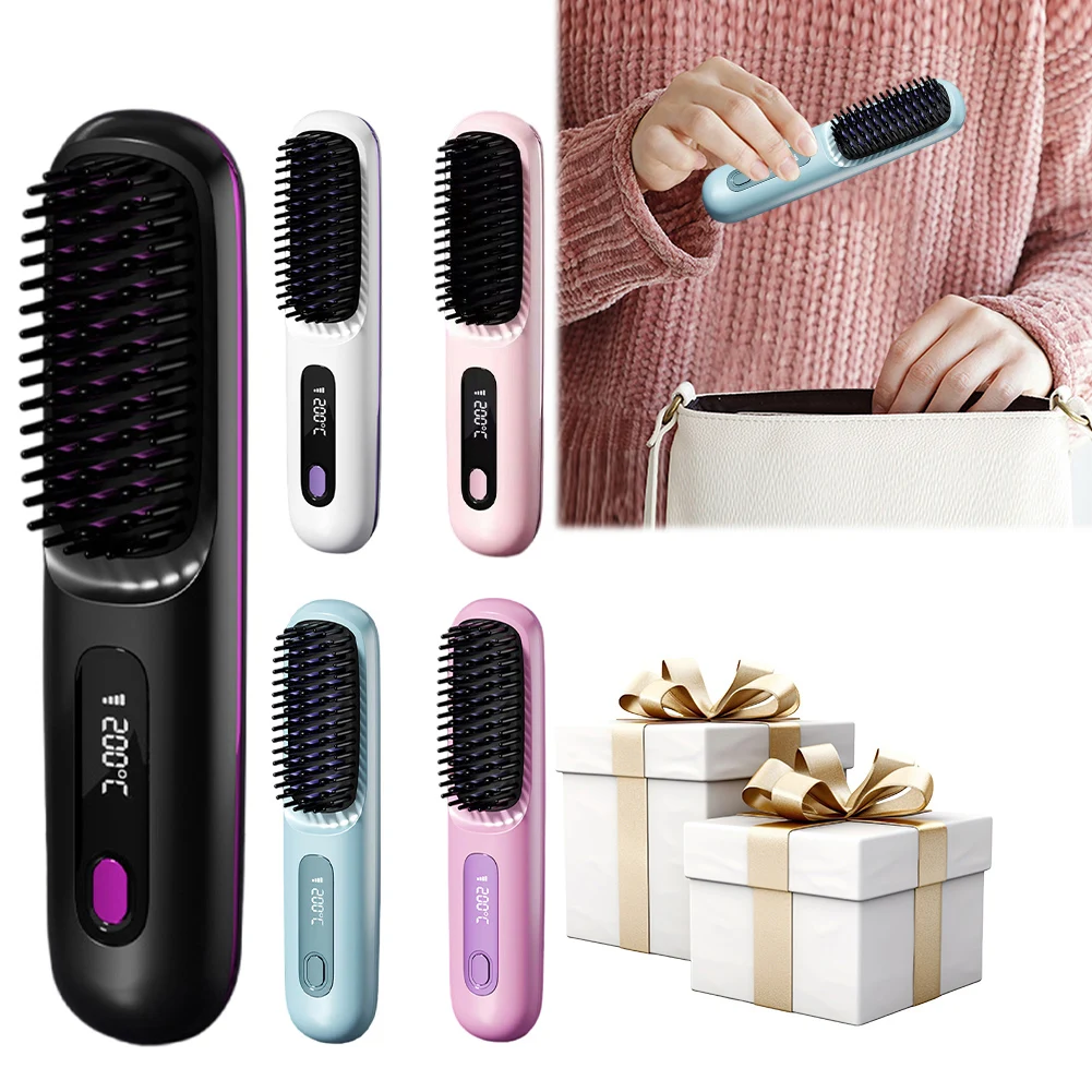 

Cordless Hair Straightener Portable Straightener Brush 3 Adjustable Temp Hair Straightening Brush Anti-scald for Hair Styling