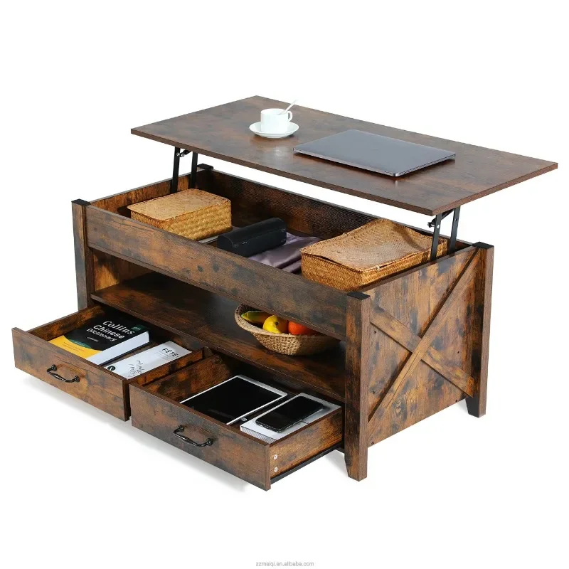 Modern Smart Lift Top Wooden Coffee Table with Large Hidden Compartment and Side Open Shelf