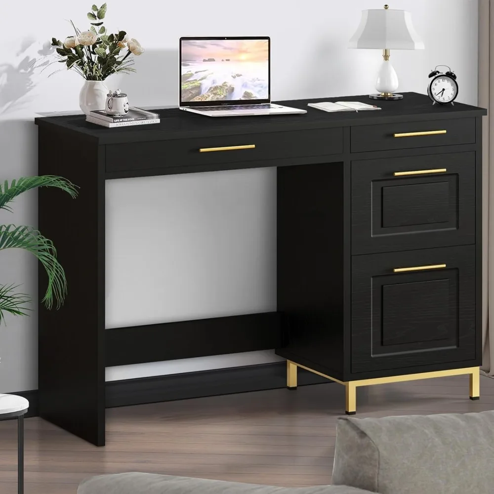 

Black Desk with Drawers, Modern Home Office Desks with Golden Handles and Drawers, Computer Table for Sma