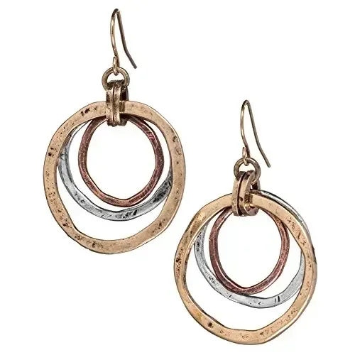 Handmade Sunrise Tricolor Dangle Earrings for Women- Burnished Circles, Copper, Brass and Silverplated