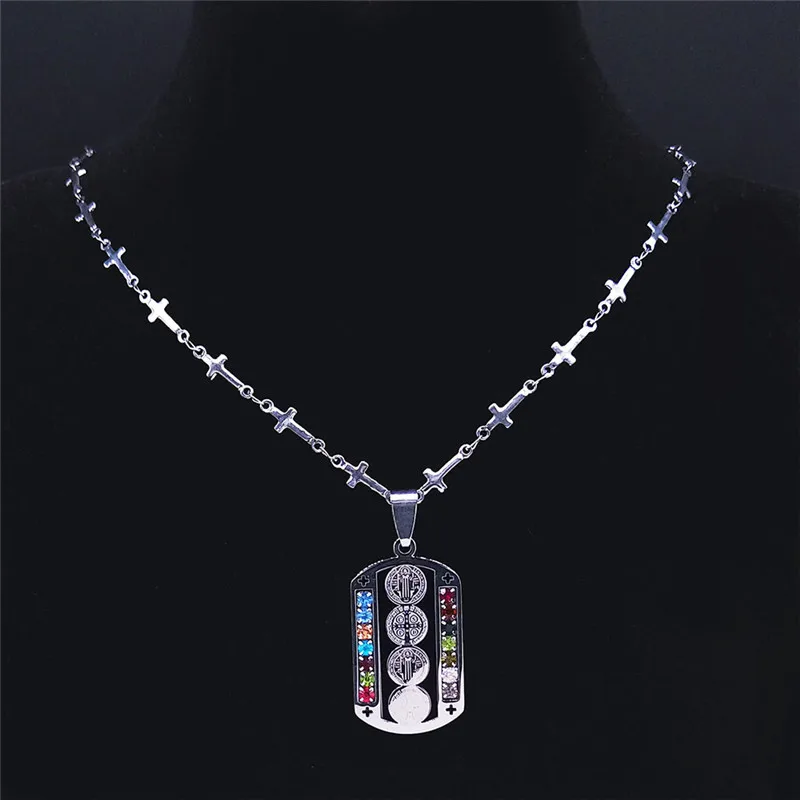 Stainless Steel Crystal Catholicism Saint Benedict Jesus Necklaces Women/Men Cross Chain Necklace Jewelry cruz colgante N4909S02