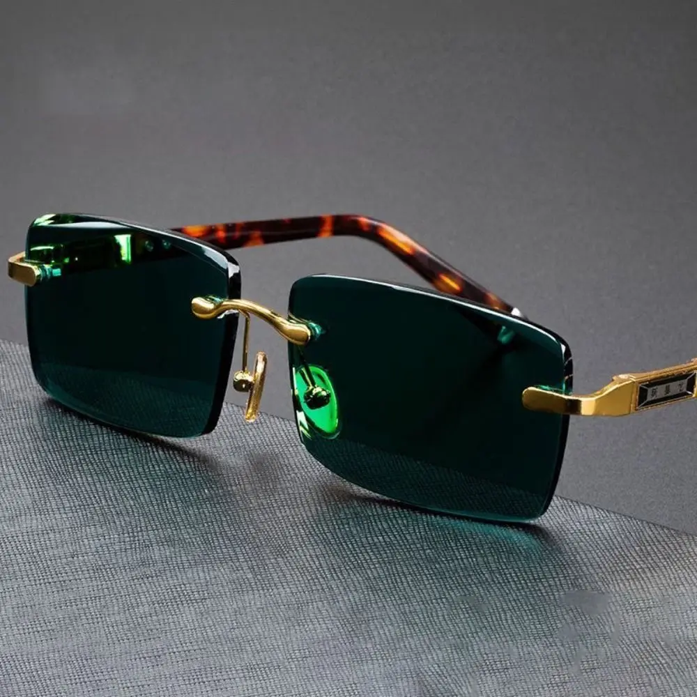 

Retro Frameless Men's Sunglasses Leopard Print Green Crystal Stone Cycling Goggles UV Protective Metal Eyewear