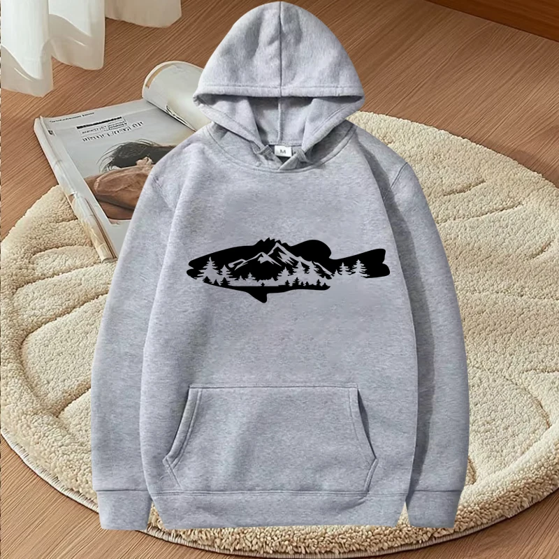 Fishing tee Fish and Forest graphic hoodie men ’s women funny fashion Long sleeve Sweatshirt with print oversized hoodie unisex