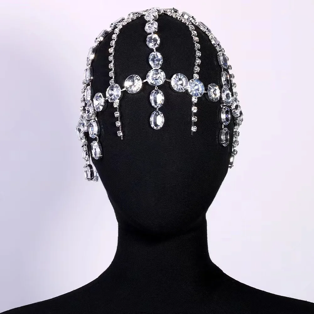 Exaggerated Rhinestone Round Stone Tassel Hair Cap Hair Jewelry for Woman Crystal Geometric Head Chain Hat Headwear Accessories