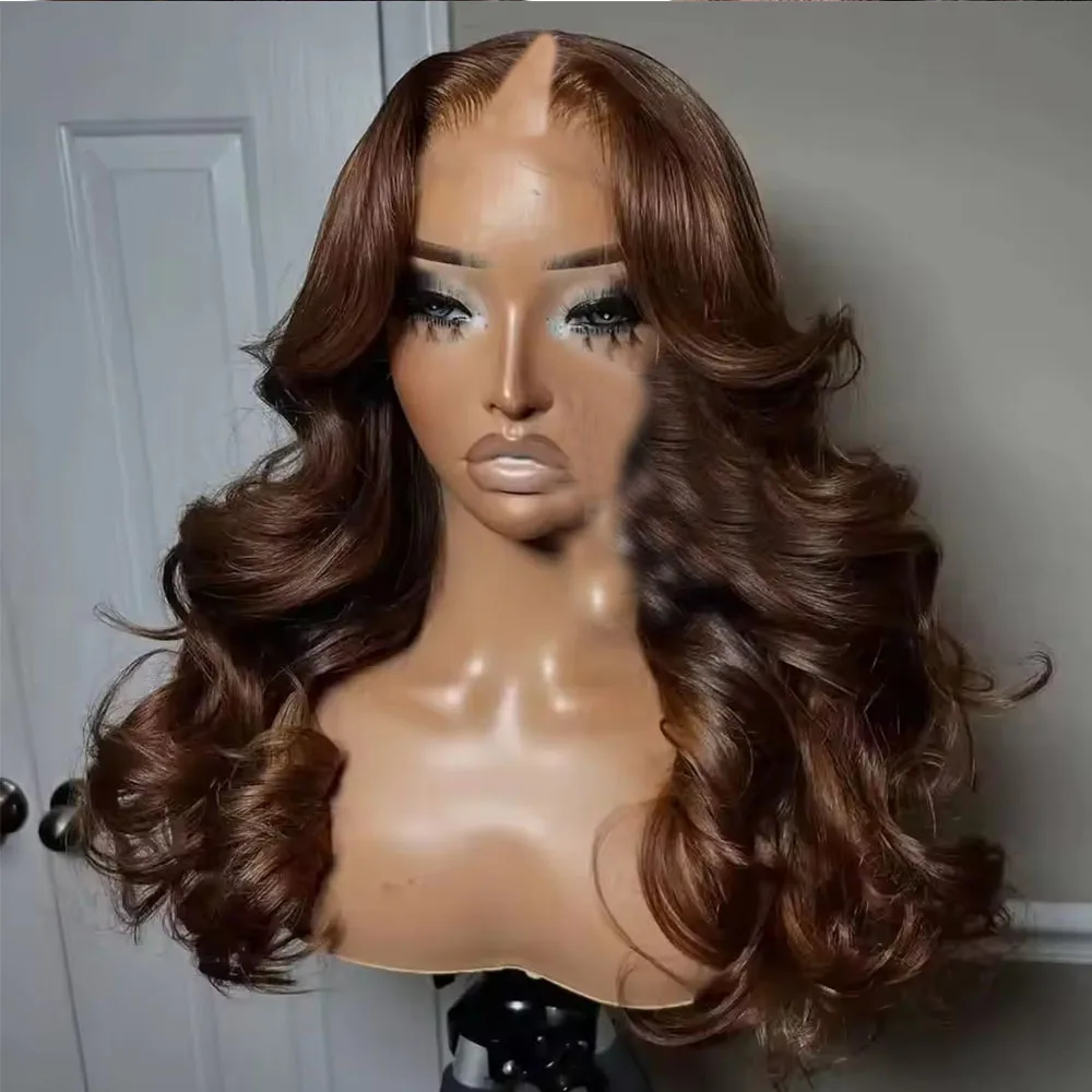 Chocolate Dark Brown Super Long Wavy Human Hair U Part Wigs for Women Remy Peruvian Hair 1x4 V Part Wig with Clips&Combs Cheap