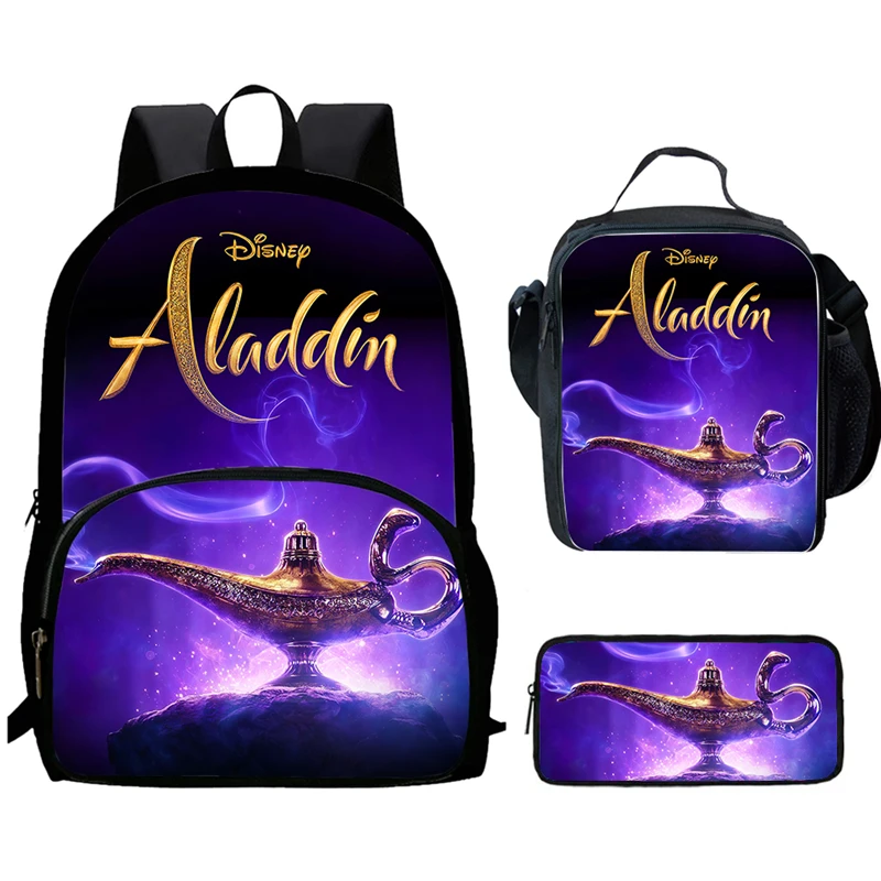 Mochila Cartoon Aladdin Child Schoolbags with Front Pocket,Lunch Bags,Pencil Bags for Aged 5-10,School Backpack for Boys Girls