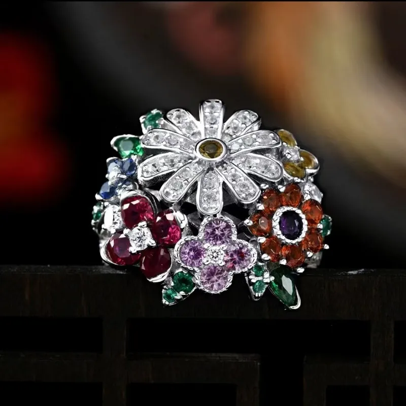 

ZOCA New Style 925 Sterling Silver Women's Ring Fashion Flower Ring Colorful Zircon Jewelry Unique Style Ring Wedding Rings