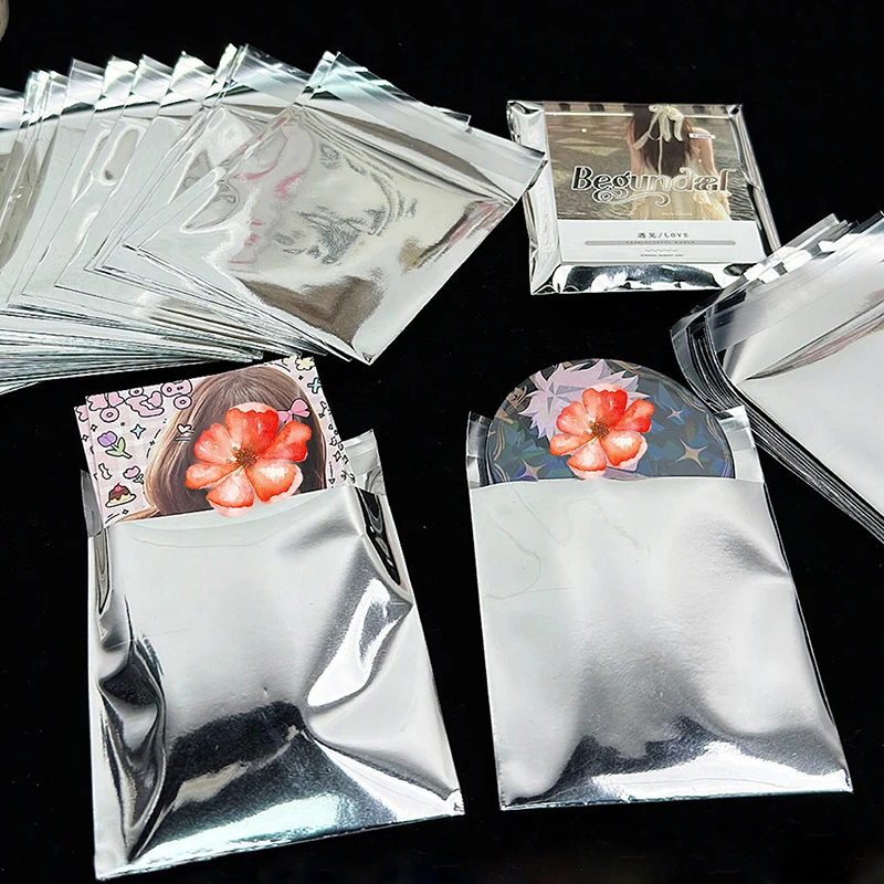 50pcs Mirror Silver Photocard Sleeves Self-adhesive Card Cover Idol Photo Packaging Bag Self Sealing Bag Gift Card Protector