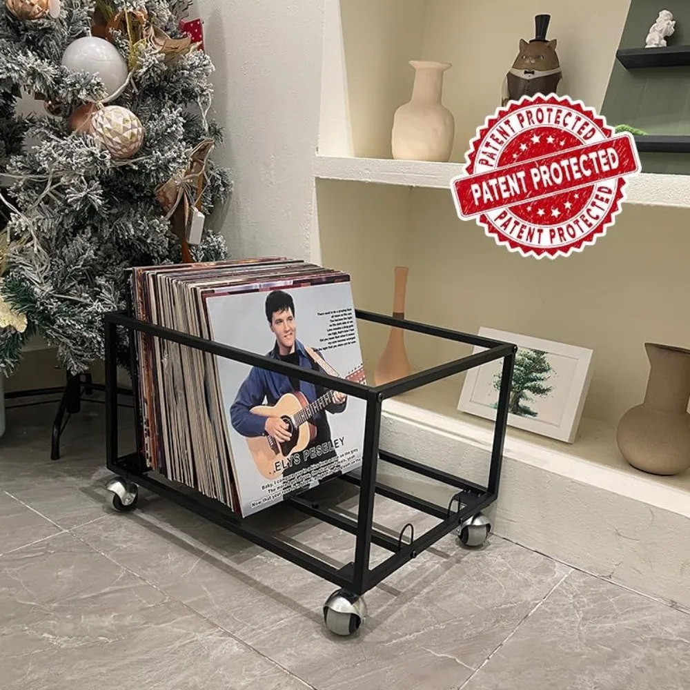 Vinyl Record Storage Holder with Wheels and Dust Cover - Holds 100 LPs - Sturdy Metal Stand in Smooth Black