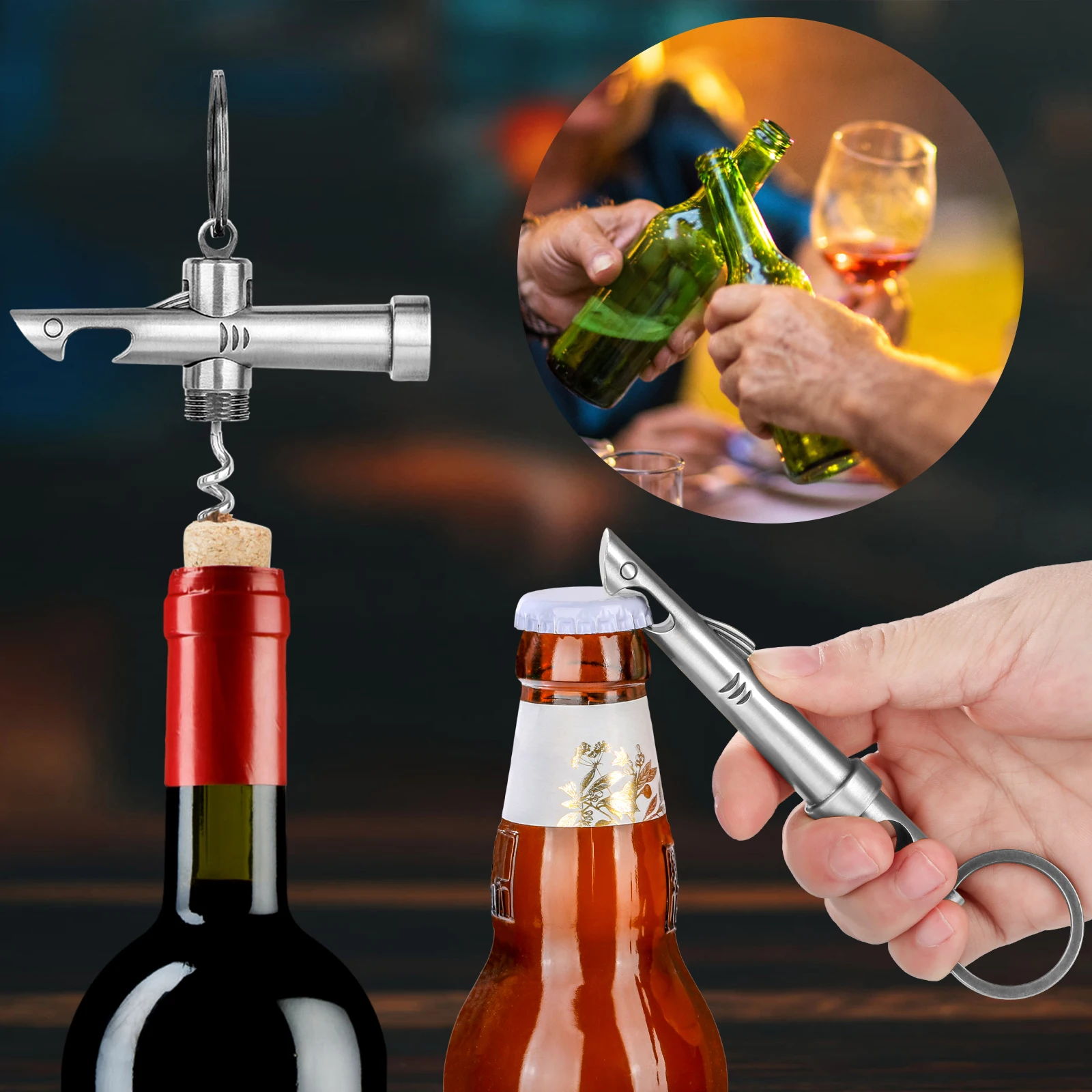 LKKCHER Zinc Alloy Wine Corkscrew Beer Bottle Opener Tool 2-in-1 Novelty Shark Opener Keychain Xmas Wedding Gift Set for Men Dad