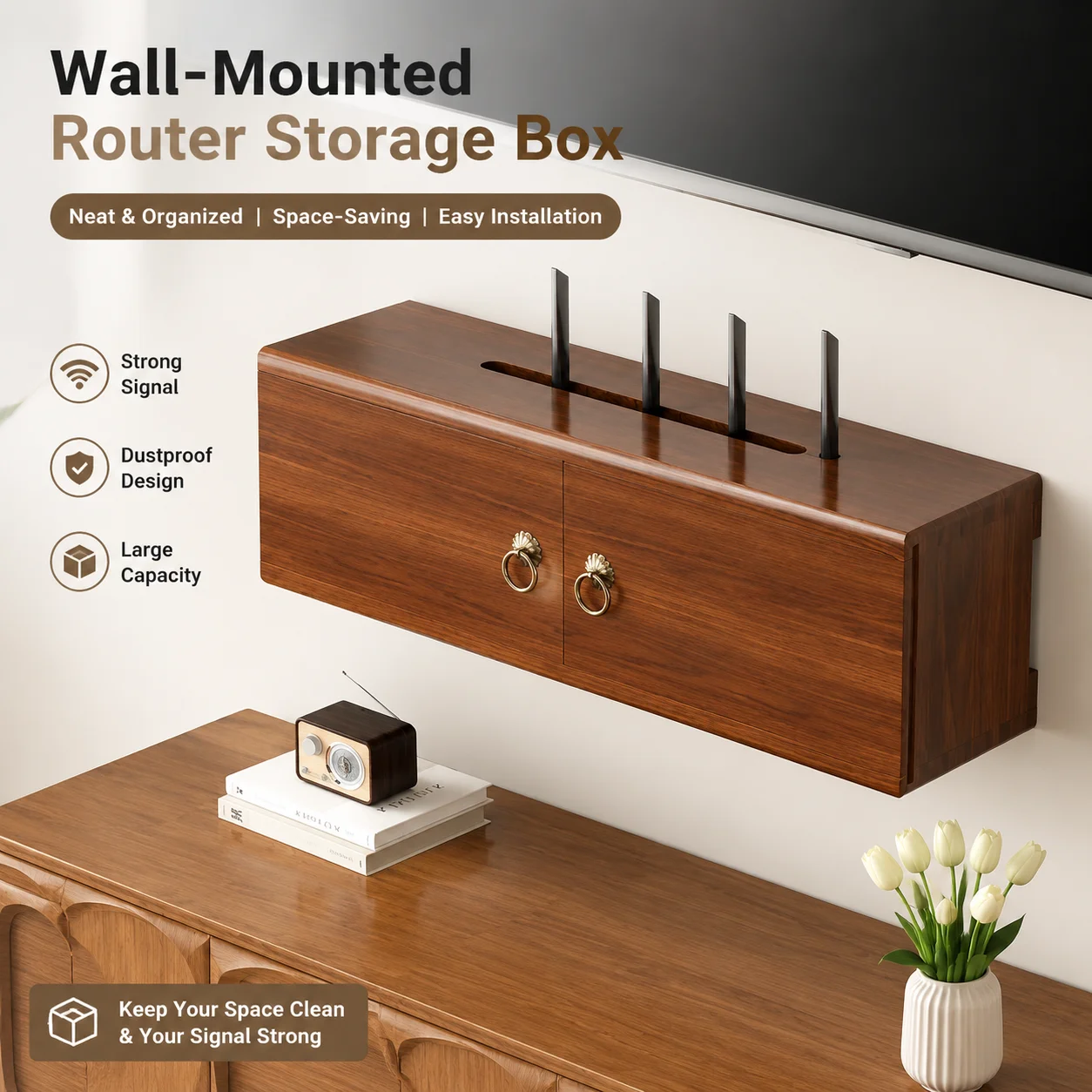 Sliding Door Pine Wood Wall-Mounted Router Shelf with Cable Management for TV, Home, and Office Use