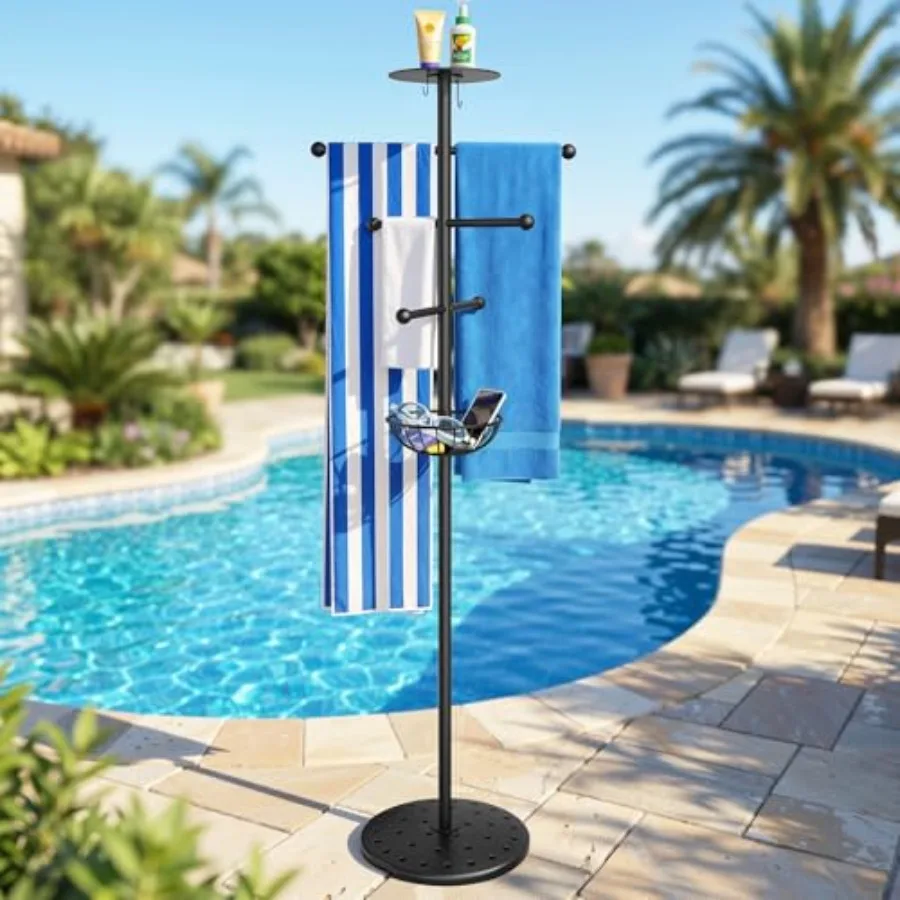 

Outdoor Pool Towel Rack with 6 Bars, Heavy Duty 63 Inch Black Towel Holder with Tray and Hooks for Beach, Hot Tub, Bathroom, Ba