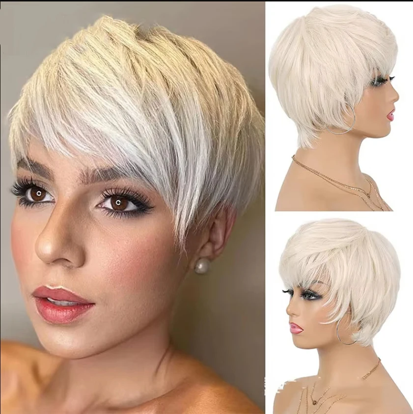 Pelucas de mujer de pelo liso corto blanco cremoso ombré con flequillo peluca sintética de corte Pixie pelo falso de estilo resistente al calor