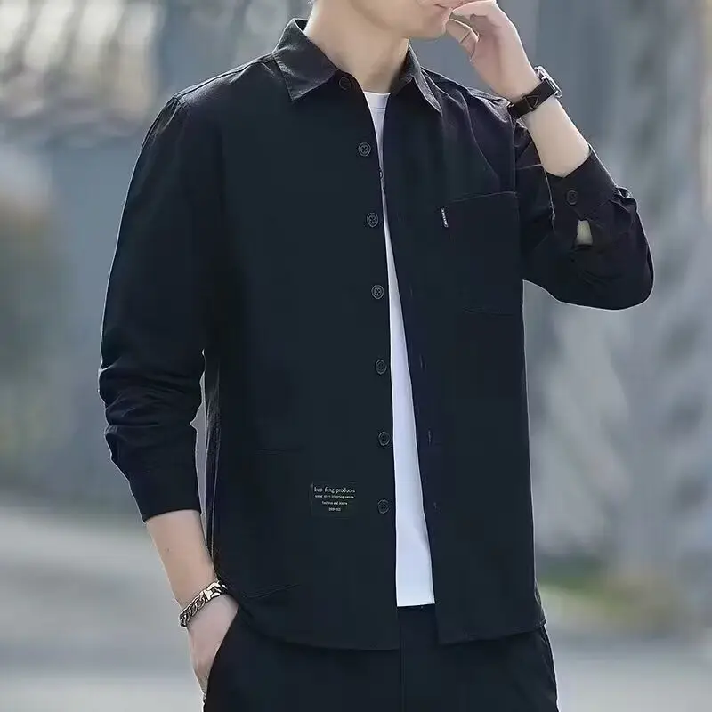 

Versatile Casual Men's Shirt Spring Autumn Flip-Collar Fashionable Pure Color Business Casual Loose Outerwear Top