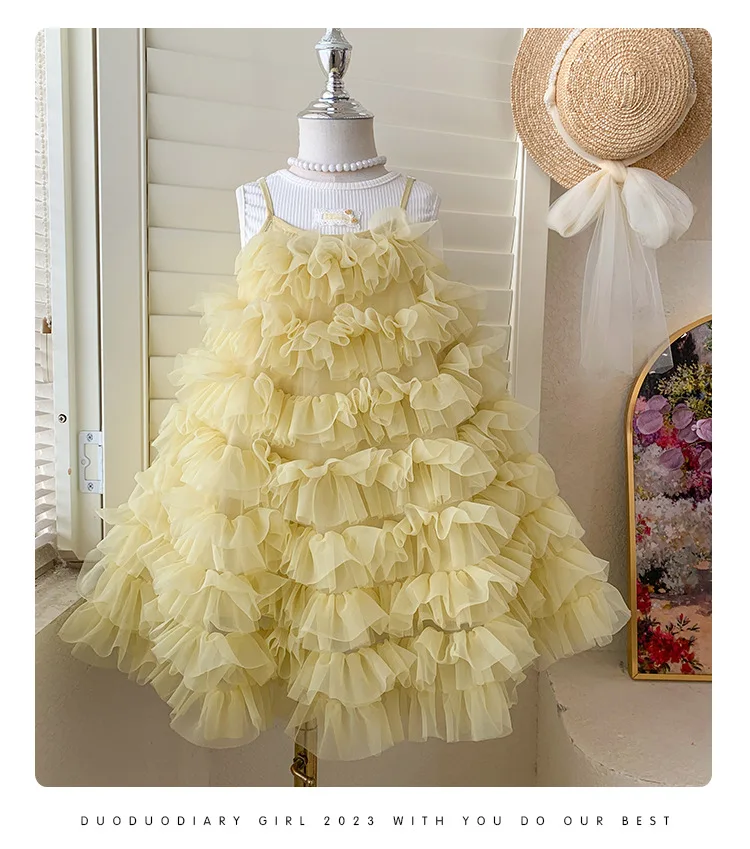 2026 New Baby Girls Summer Fashion Sets,  Cartoon Top + Mesh Sling Dress   Princess Sweet Suits 2-6 T