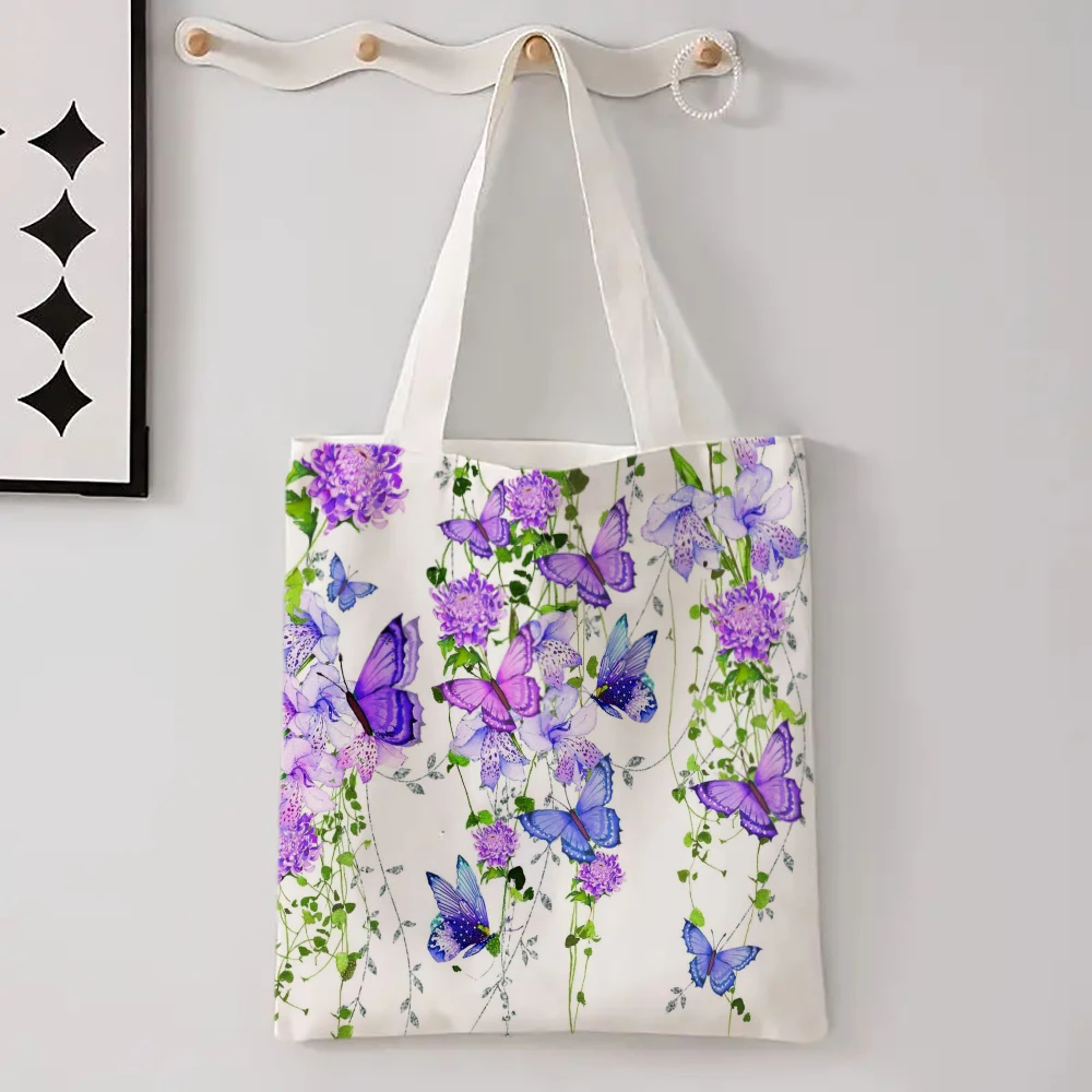 Butterfly Floral Reusable Bag Colorful Weed Pattern Shopping Travel Large Shoulder Bag Foldable Utility Tote Bags