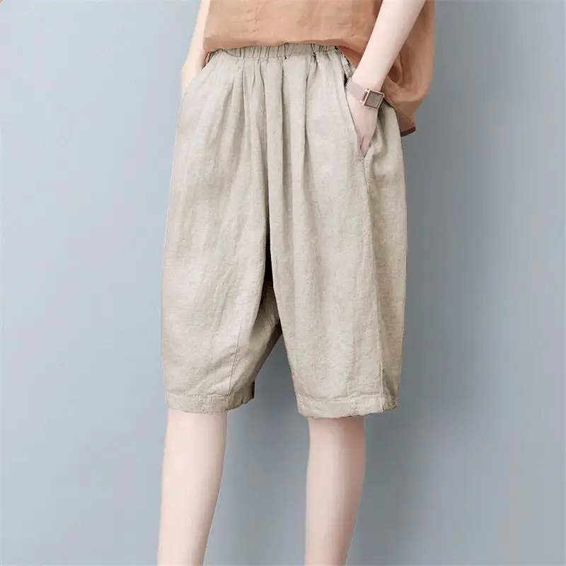 Women Summer Simplicity Loose All-match Solid Color High Waist Shorts Women Clothes Casual Fashion Appear Thin Large Size Pants