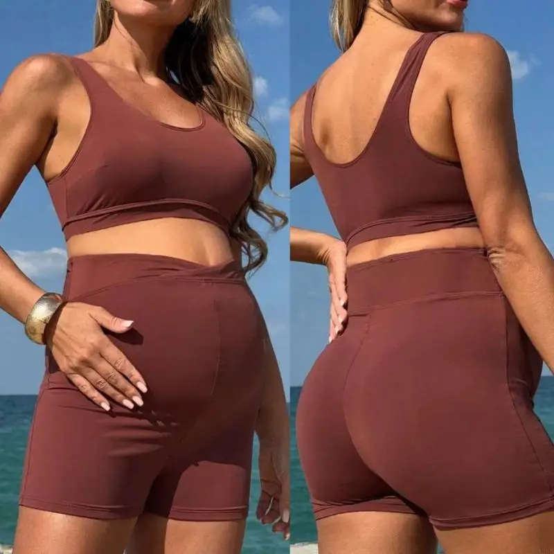 Maternity Swimwear Set Soft Nylon Fabric High Elasticity Comfortable Two Piece Swimsuit Multiple Size for Pregnant Women A2UB