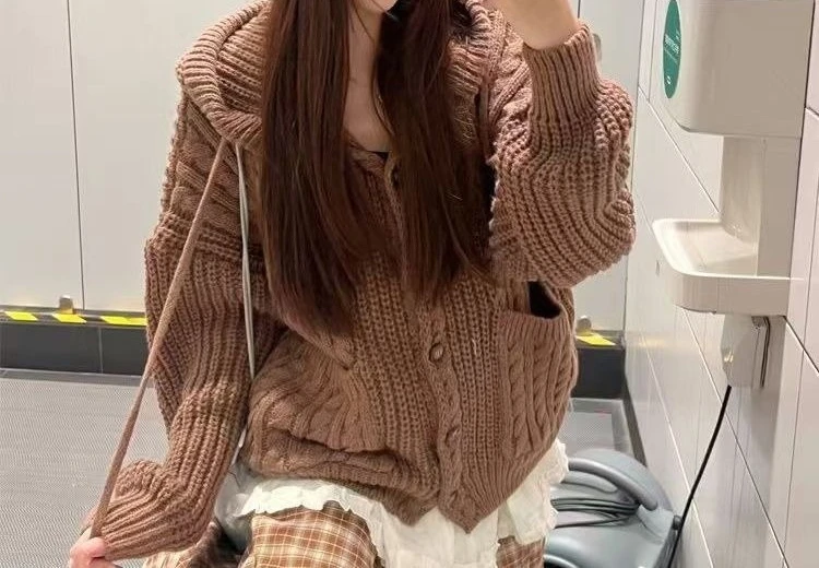 Torções de massa frita com capuz vintage camisola casaco cardigan outono inverno novo design desleixado solto malha topo