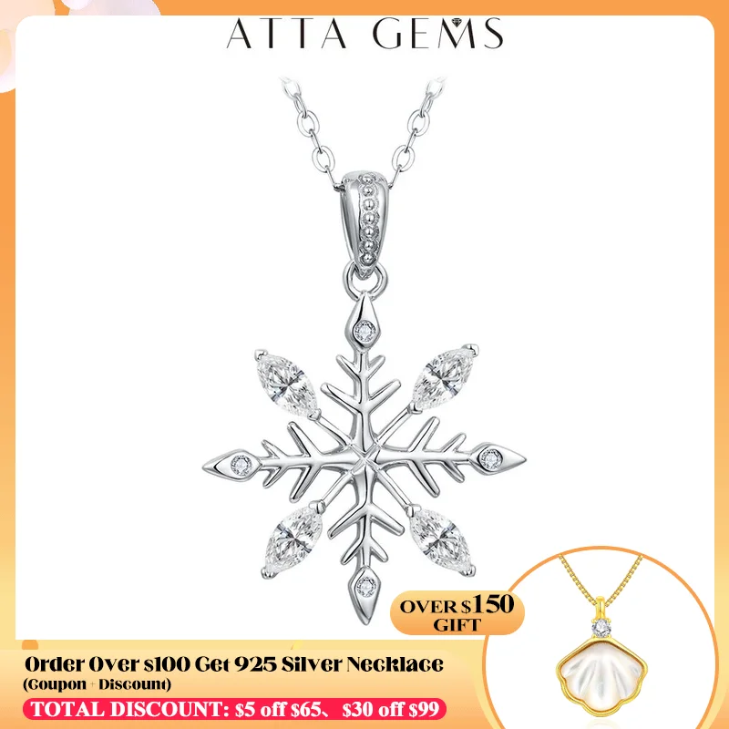 

ATTAGEMS D VVS1 Color Moissanite Necklace for Women Real 925 Sterling Silver Christmas Snowflake Pendant Party Gif Fine Jewelry