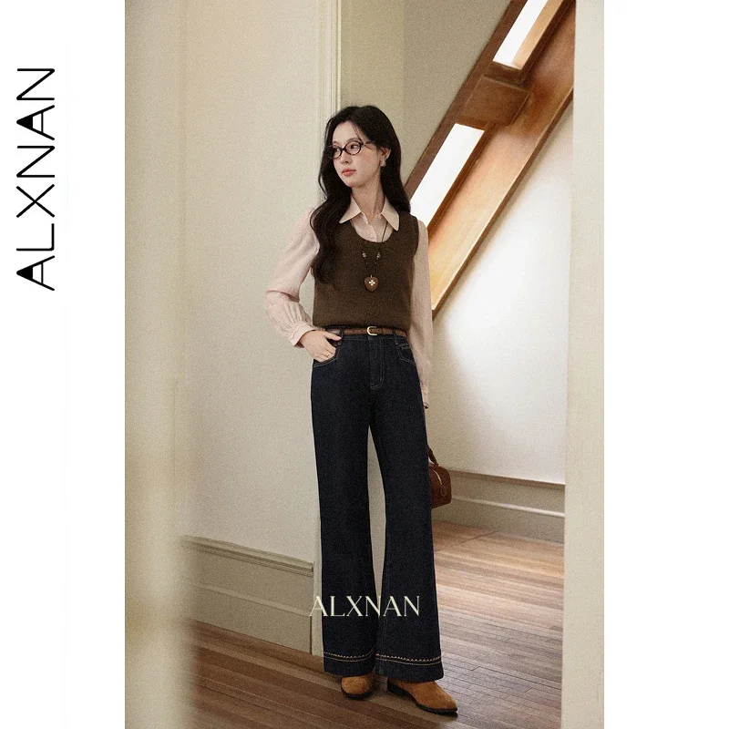 ALXNAN Women's Jeans Dark Blue High Waist Baggy Fall Embroidery Silk Scarf Straight Jeans Loose-fit Casual Denim Pants L57308