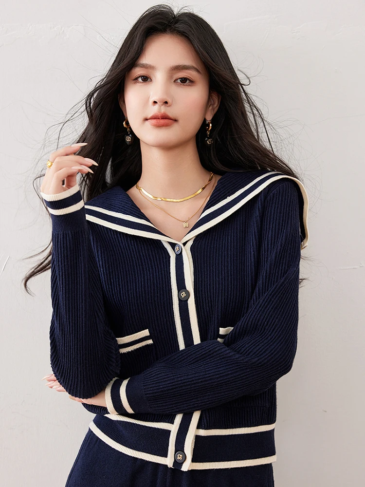 Autumn Winter Women Navy Blue Knitted Cardigans Fashion Loose Sweet Single Breasted Sailor Collar Pullover Sweater