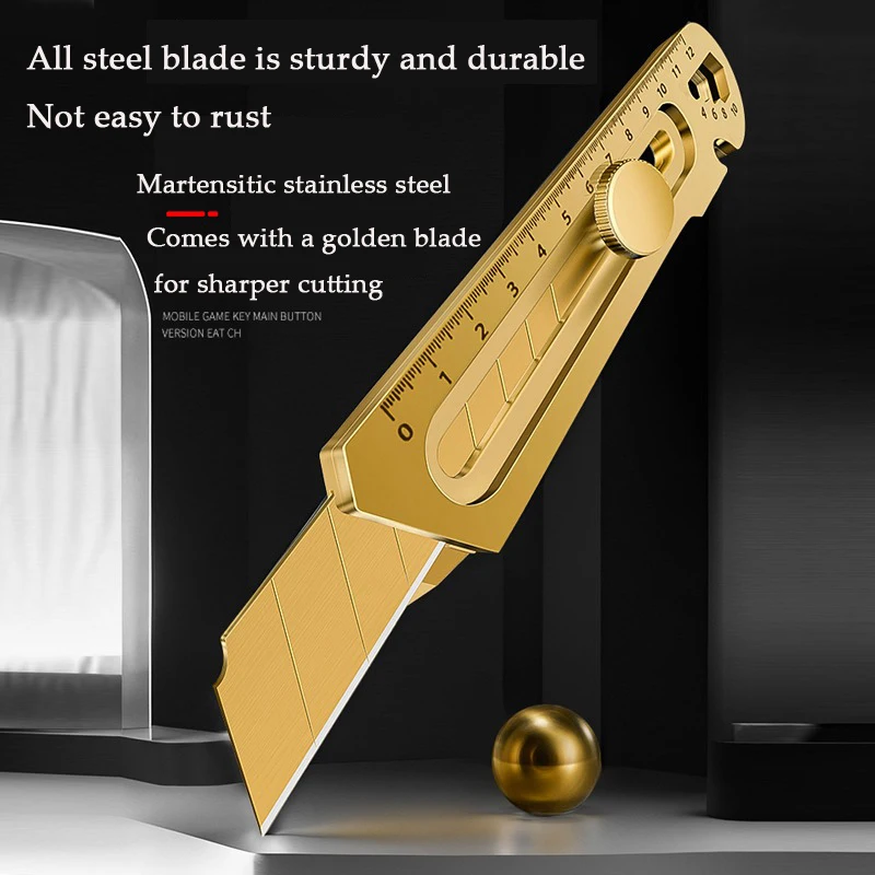 Cuchillo multiusos de acero inoxidable dorado 6 en 1, papel tapiz grande de 18MM, cortador de caja retráctil profesional, herramienta de papelería