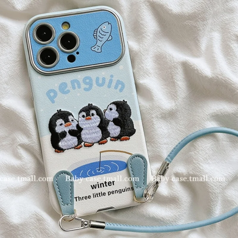 Cute Embroidered Penguin with Hanging Rope Suitable for Apple 16promax Phone Case IPhone 15 New 14pm Large Window 13 Leather