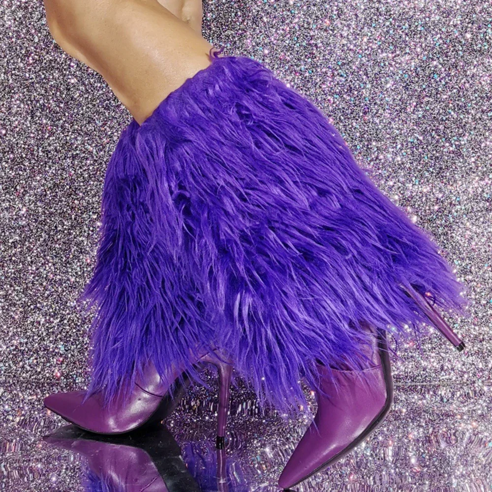 Big Size 47 Purple Thick Fur Overlay Short Booties Slim Heels Half Knee High Boots Women Pointed Toe Folded Over Furry Shoes