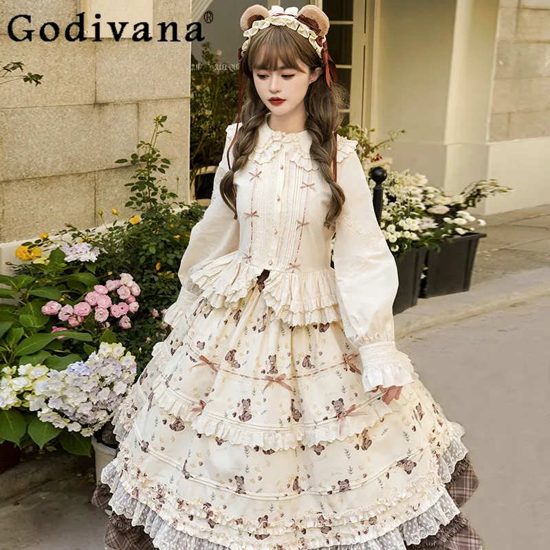 

Original Lolita Skirt SK Girls' Cute Bear Print Lace Kawaii Long Skirt Slim-Fit Women's Inside Long-sleeved Short-sleeved Shirt